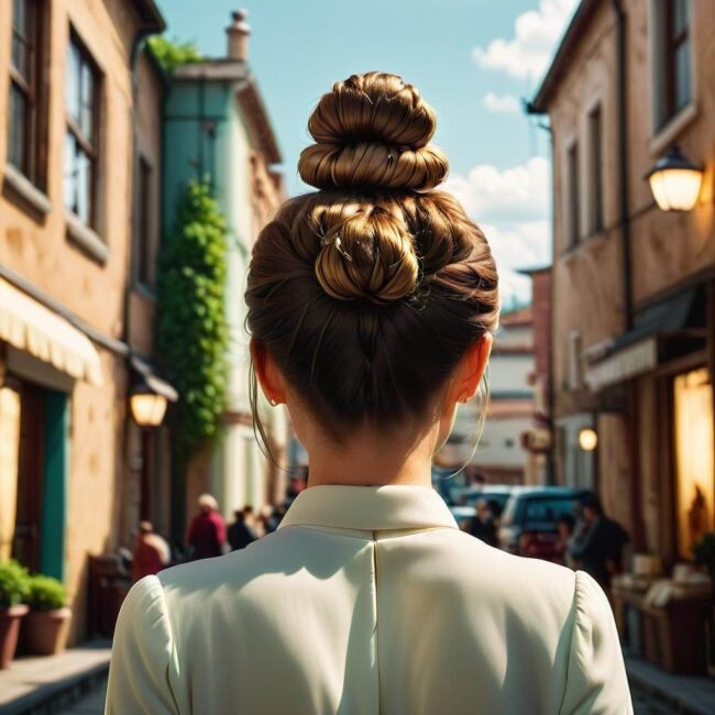 Fryzury na lato lekki kok na czubku głowy